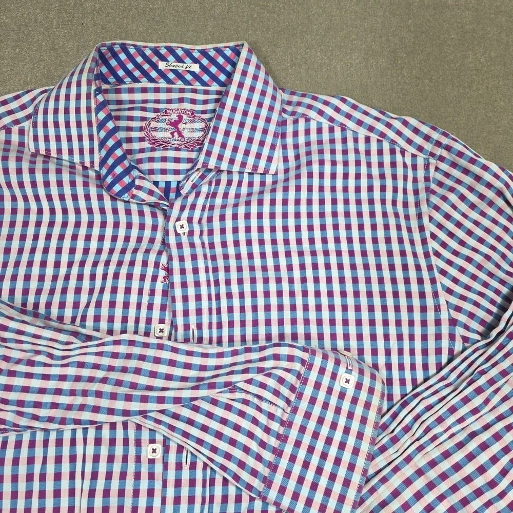 Bugatchi Shirt Men Large Plaid Blue Purple White Button Up Performance Soft Logo